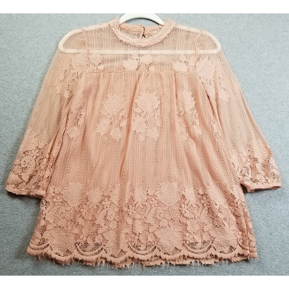 CHANCE OR FATE Top Women's Small S Pink Floral Lace Mesh ¾ Sleeves See Through